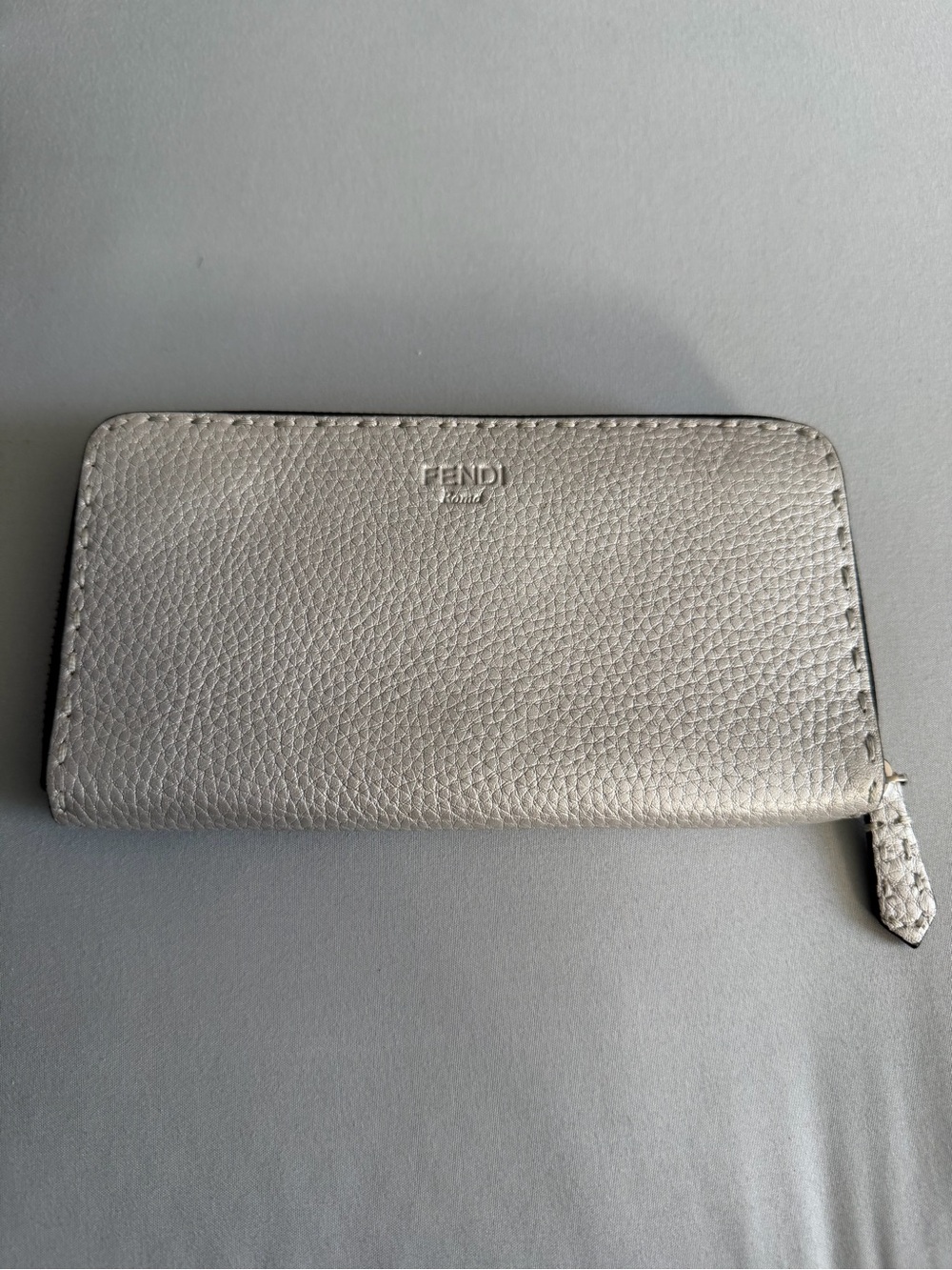 Fendi Metallic Silver Pebbled Leather Zip-Around Wallet